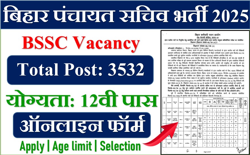 बिहार पंचायत सचिव भर्ती 2025: 3,532 पदों पर आवेदन शुरू, जानें योग्यता व अंतिम तिथि